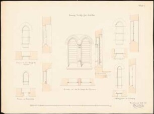 Evangelische Kirche, Modlau Wiederaufbau: Verschiedene Fenster im Turm, Sakristei, Hauptschiff, Schlitzfenster: Aufrisse, Schnitte, Maßstabsleisten (Meter)