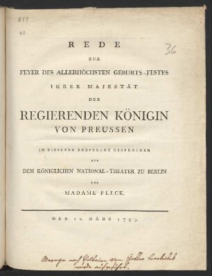 Rede Zur Feyer des Allerhöchsten Geburts-Festes Ihrer Majestät Der Regierenden Königin Von Preussen : In Tiefster Ehrfurcht Gesprochen Auf Dem Königlichen National-Theater Zu Berlin