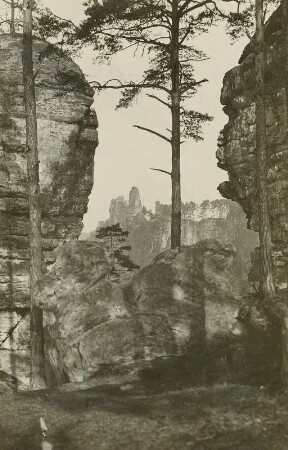 Elbsandsteingebirge. Lokomotive, von den Feldsteinen gesehen