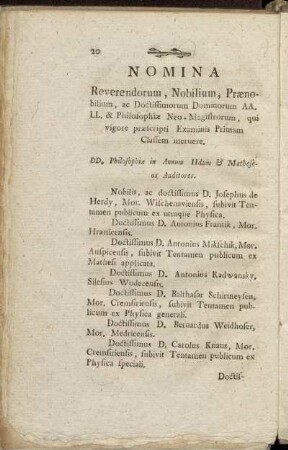 Nomina Reverendorum, Nobilium, Prænobilium, ac Doctissimorum Dominorum AA. LL. & Philosophiæ Neo-Magistrorum, qui vigore præscripti Examinis Primam Classem meruere.