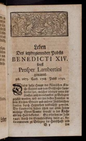 1-39, Leben des ietzregierenden Pabsts Benedicti XIV