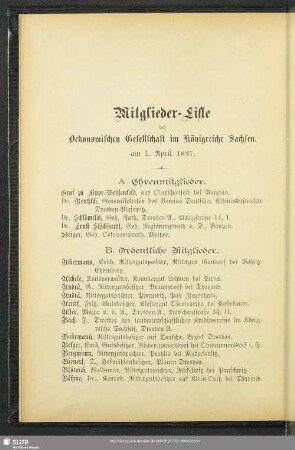 Mitglieder-Liste der Oekonomischen Gesellschaft im Königreiche Sachsen am 1. April 1897