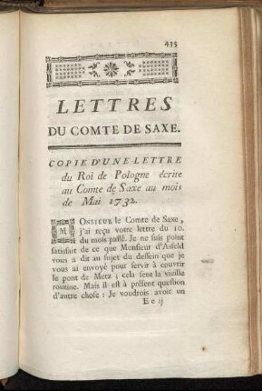 Copie d´une Lettre du Roi de Pologne écrite au Comte de Saxe au mois de Mai 1732.