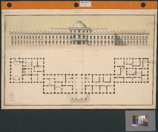 Schloss Hohenheim, Gartenfront und Grundriss Erdgeschoss
