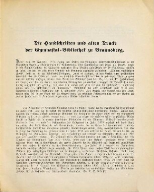 Die Handschriften und alten Drucke der Gymnasial-Bibliothek zu Braunsberg