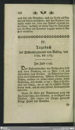 IV. Tagebuch des Husarenregiments von Belling, von 1758. bis 1763