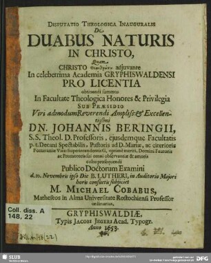 Disputatio Theologica Inauguralis De Duabus Naturis In Christo