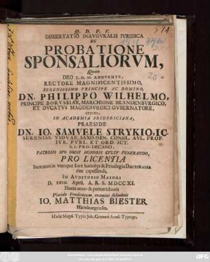 Dissertatio Inavgvralis Ivridica De Probatione Sponsaliorvm