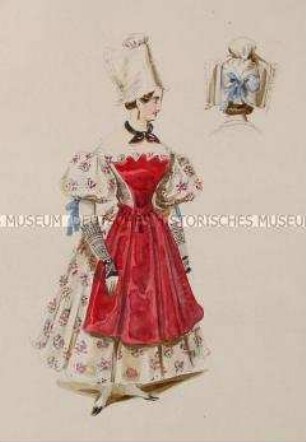 Frau im geblümten Kleid mit roter Schürze und steifer Haube - Tafel aus Franceschini/Kostümbilder (Kassette 2)