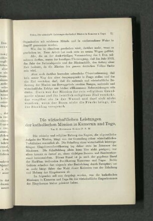 Die wirtschaftlichen Leistungen der katholischen Mission in Kamerun und Togo.