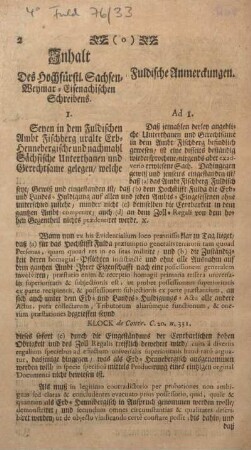 Inhalt des Hochfürstl. Sachsen, Weymar, Eisenachischen Schreibens. Fuldische Anmerckungen.