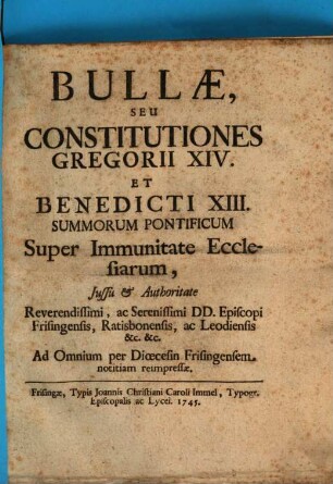 Bullæ, Seu Constitutiones Gregorii XIV. Et Benedicti XIII. Summorum Pontificum Super Immunitate Ecclesiarum