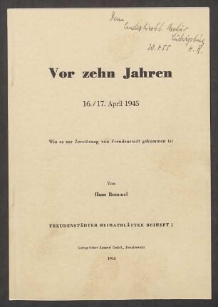 Kriegschronik der ev. Kirchengemeinde Freudenstadt (Dek. Freudenstadt), verfasst von Hans Rommel.