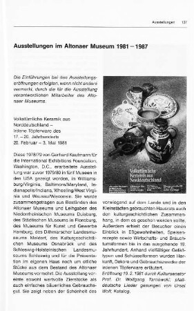 Ausstellungen im Altonaer Museum 1981 - 1987