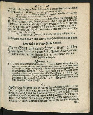 Das sechs und dreyßigste Capitel. Ob an Sonn- und Feyer-Tägen, item: auff der Juden ihren Schabbes oder Fest-Tägen Acceptationes gültig geleistet werden können? ...