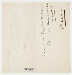 Briefumschlag mit drei stehenden Figuren (links) und der Adresse von Delacroix (rechts)