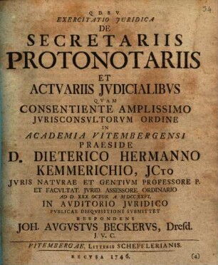 Exercitatio iur. de secretariis protonotariis actuariis iudicialibus
