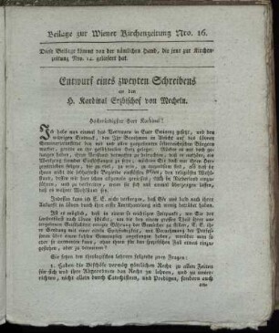 Entwurf eines zweyten Schreibens an den H. Kardinal Erzbischof von Mecheln.
