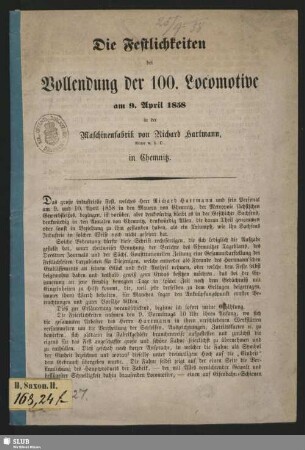 Die Festlichkeiten bei Vollendung der 100. Locomotive am 9. April 1858 in der Maschinenfabrik von R. Hartmann in Chemnitz