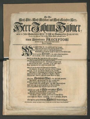 [Trauergedicht auf Johann Hübner, Rektor des Johanneums in Hamburg, gest. 21. Mai 1731]