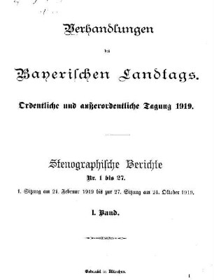Verhandlungen des Bayerischen Landtags. Stenographische Berichte. 1919,1