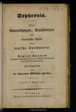 Sophronia : oder Unterredungen, Erzählungen und dramatische Spiele über deutsche Sprichwörter