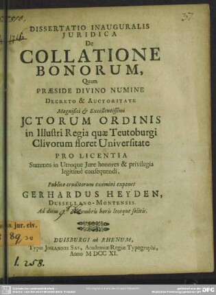 Dissertatio Inauguralis Iuridica De Collatione Bonorum