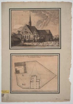 Ansicht und Grundriß der alten Frauenkirche, 1:470, Kupferstich, 1714 : Eigentlicher Grund-Riß der Kirche zu Unser Lieben Frauen, wie auch desselben Kirchhoffs und der daran gebaueten Schwiebogen. Prospect der Kirche zu unser L. Frauen in Dreßden / M. Boden[ehr del. et fec.]. - [Ca. 1:470] - [Dresden] , [1714]. - 1 Prospekt und 1 Grundriss auf 1 Bl. : einfarb. Kupferst. ; je 27 x 20 cm