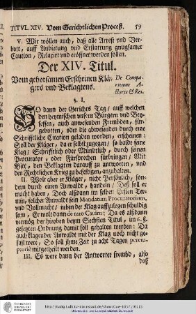 Der XIV. Titul Vom gehorsamen Erscheinen Klägers und Beklagtens