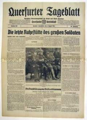 Regionale Tageszeitung "Querfurter Tageblatt" zum Tod von Hindenburg