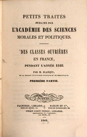 Des classes ouvrières en France, pendant l'année 1848, 1