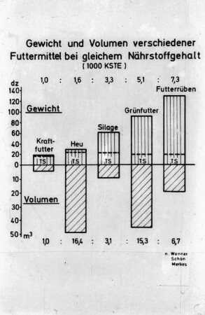 Gewicht und Volumen verschiedener Futtermittel bei gleichem Nährstoffgehalt (1000 KSTE) (nach Wenner, Schön, Merkes)
