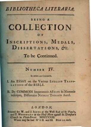 Bibliotheca literaria : being a collection of inscriptions, medals, dissertations. 4. 1723