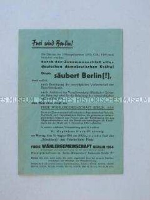 Propagandaflugblatt der Freien Wählergemeinschaft Berlin 1954 mit einer Einladung zur Teilnahme an einer öffentlichen Versammlung