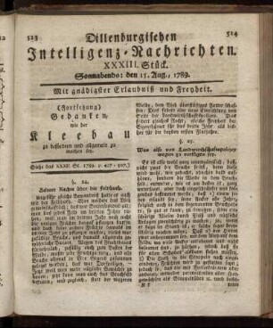XXXIII. Stück. Sonnabends: den 15. Aug., 1789.