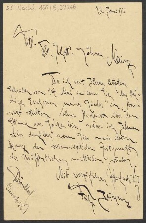 Brief an B. Schott's Söhne : 22.06.1911