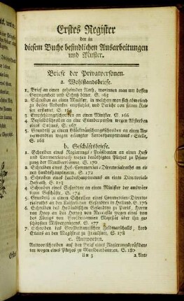 Erstes Register der in diesem Buche befindlichen Ausarbeitungen und Muster