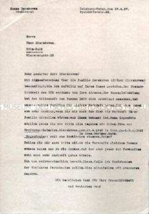 Brief an einen Namensvetter mit Frage zur Familiengeschichte (Durchschlag) - Familienkonvolut