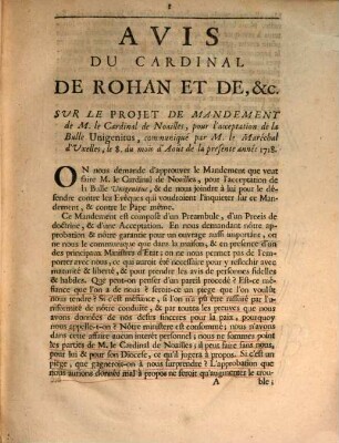 Avis du Cardinal de Rohan sur le Projet de Mandement de M. le Cardinal de Novilles, pour l'acceptation de la Bulle Unigenitus
