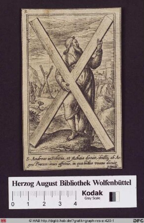 Ganzfigurige Darstellung des Heiligen Andreas mit dem Andreaskreuz, im Hintergrund sein Martyrium.