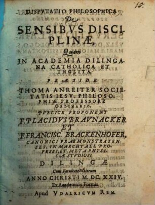 Disputatio philosophica de sensibus disciplinae