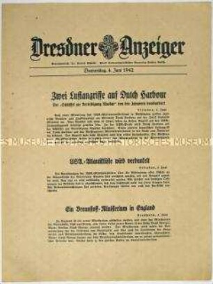 Nachrichtenblatt "Dresdner Anzeiger" u.a. über japanische Luftangriffe auf Dutch Harbour