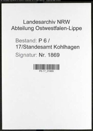 Sterberegister Standesamt Kohlhagen