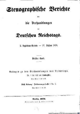 Verhandlungen des Reichstages. Stenographische Berichte. 43, 43. 1876