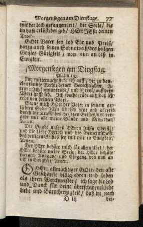 Morgensegen, Gebet und Abendsegen am Dienstage.