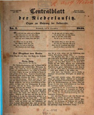 Centralblatt der Niederlausitz : Organ zur Wahrung der Volksrechte. 1848 = Nr. 1/3