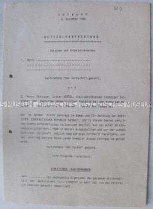 Entwurf für einen Aktien-Kaufvertrag zwischen der Regierung der DDR und der Gesellschaft S.I. Lisbeth in Genf (blanko)