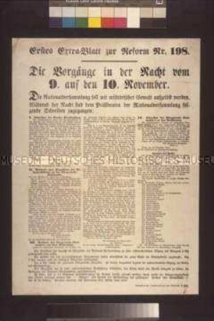 Maueranschlag: Die Vorgänge in der Nacht vom 9. auf den 10. November. Erstes Extrablatt zur Reform, Nr. 198; undatiert