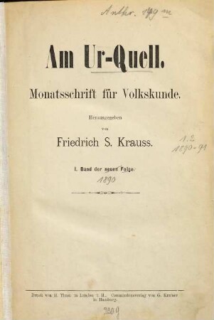 Am Ur-Quell : Monatschrift für Volkskunde, 1. 1890