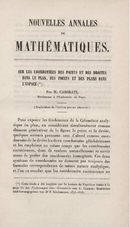 Sur les coordonnées des points et des droites dans le plan, des points et des plans dans l'espace.